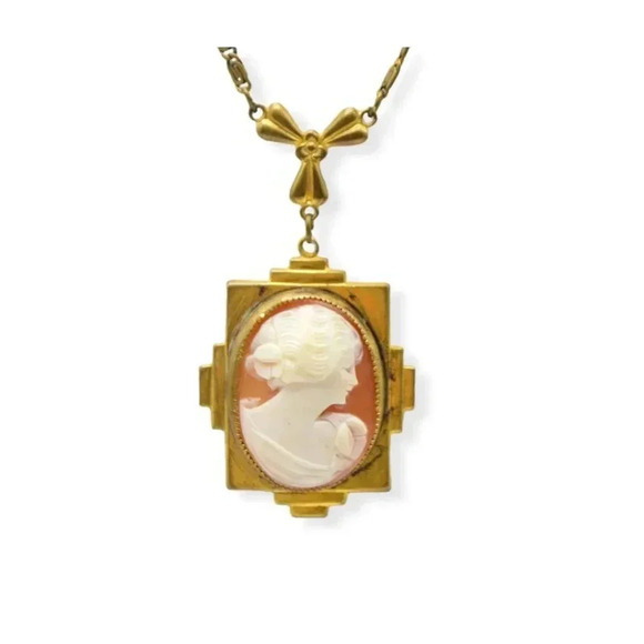 Vintage Jewelry - Art Deco Shell Cameo Gold Tone Vintage Choker Necklace 17" Length
